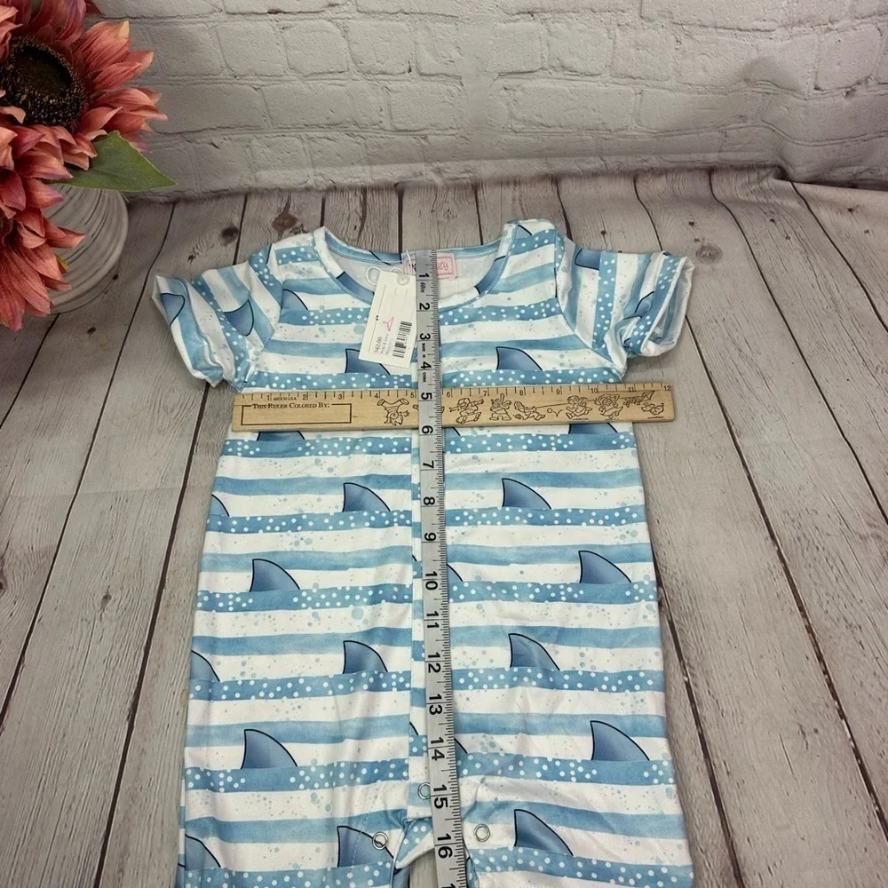 Pete & Lucy NWT boutique Blue White Striped Nautical Bodysuit sharks sz 12-18M